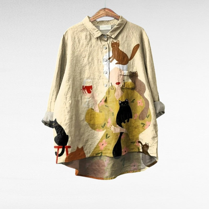 Ruby™ | Vintage Bluse mit Katzenmotiv